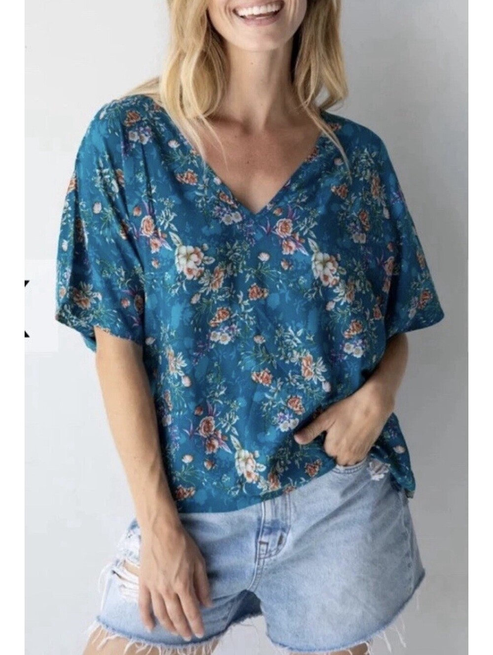 Natural Life Easy V-Neck Top Teal Floral Oversized Dolman Small S Shirt